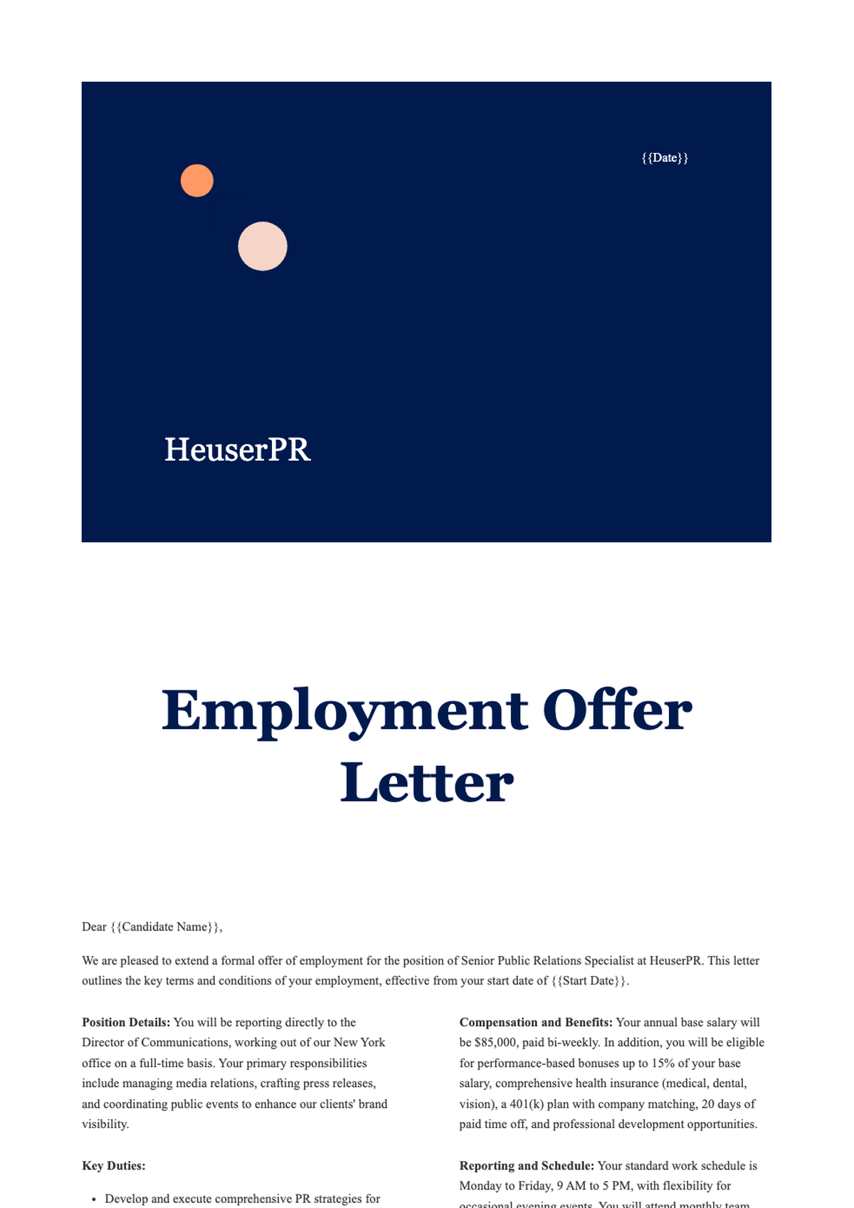 Professional employment offer letter for Marketing Manager at HeuserPR with hybrid work and salary_variant_3